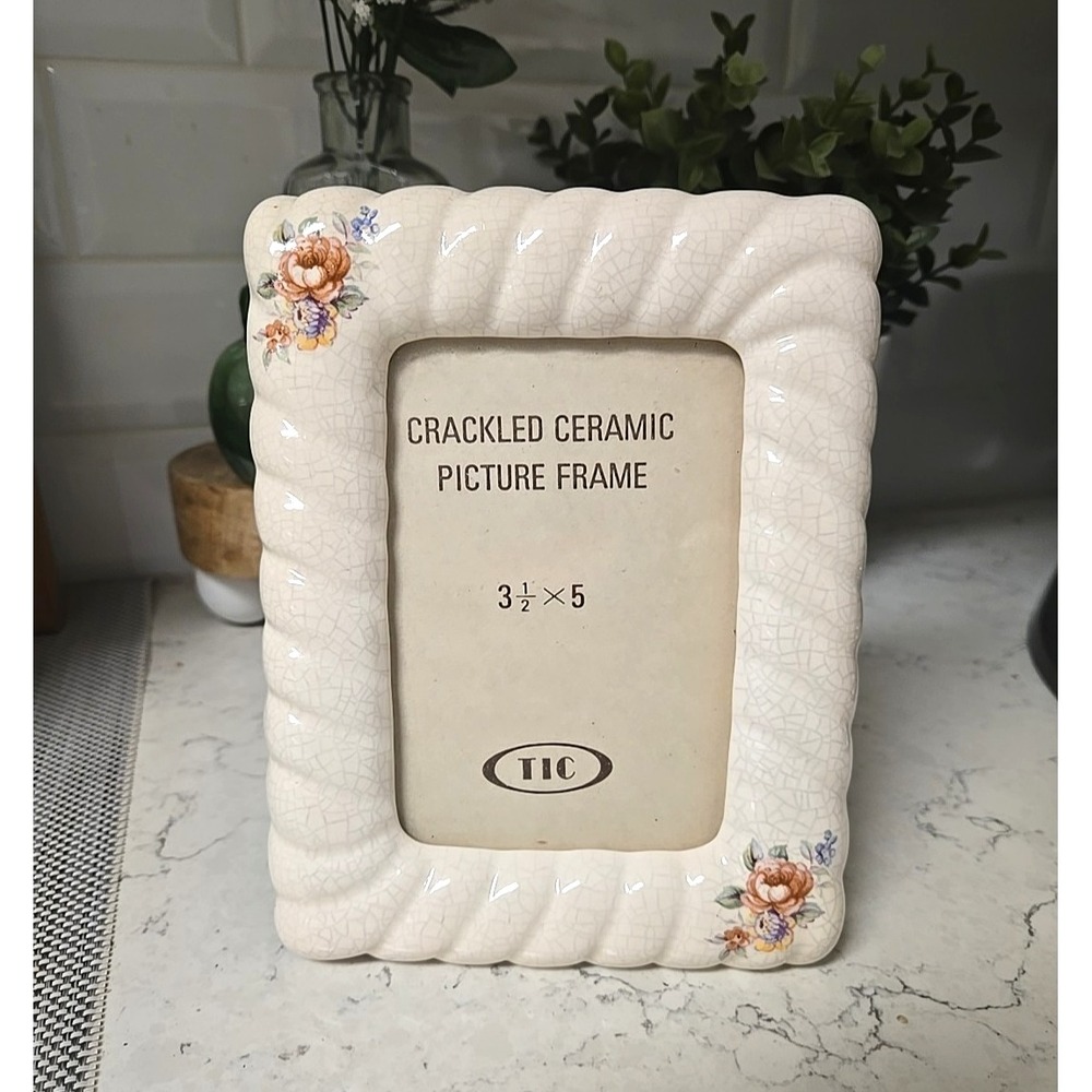 VTG Crackled Ceramic Floral Photo Frame 3.5x5 Glass Pane Cottagecore Grannycore